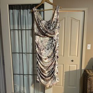 Le Chateau Abstract Print Draped Midi Dress